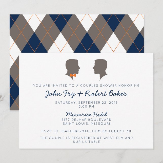 Invitación a ducha de pareja de siluetas del mismo (Anverso / Reverso)