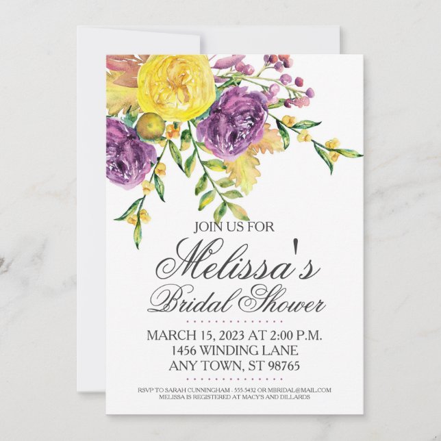 Invitación a ducha de personalizado, morado y amar (Anverso)