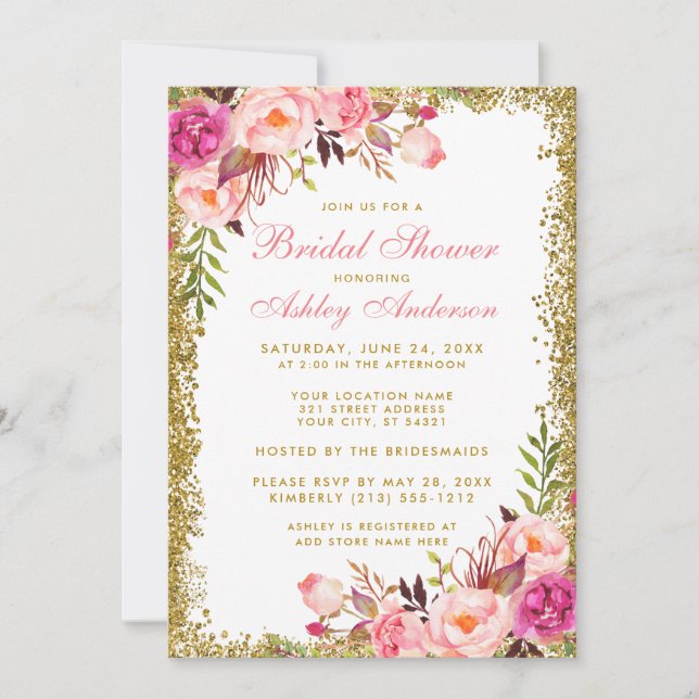 Invitación a ducha de Purpurina de oro rosa floral (Anverso)