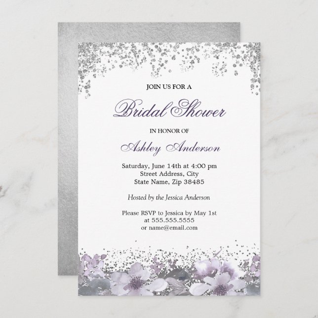 Invitación a ducha de Purpurina morado con flores  (Anverso / Reverso)