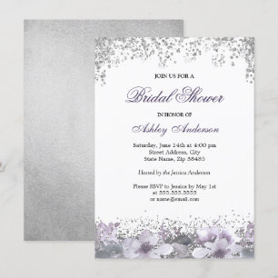 Invitación a ducha de Purpurina morado con flores