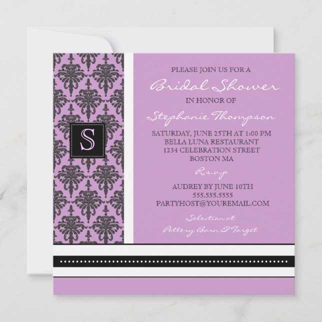 Invitación a ducha matrimonial en monograma Damasc (Anverso)