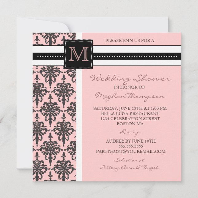 Invitación a ducha matrimonial en monograma Damasc (Anverso)