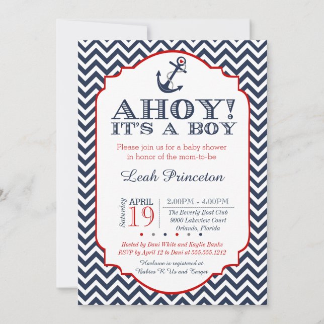 Invitación a ducha Nautical Baby Boy, Chevron (Anverso)