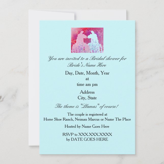 Invitación a ducha nupcial de Boda Llama (Anverso)