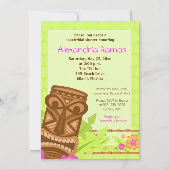 Invitación a ducha nupcial de Hawai Luau Tiki 5x7 (Anverso)