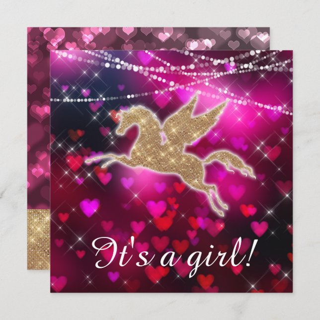 Invitación a ducha para bebé de Unicorn Hearts Pin (Anverso / Reverso)