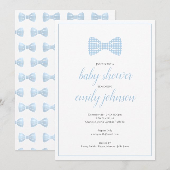 Invitación a ducha preppy Gingham Bow Tie Baby Boy (Anverso / Reverso)