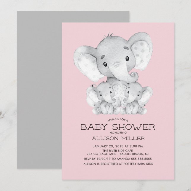 Invitación a ducharse de bebé elefante para Chicas (Anverso / Reverso)