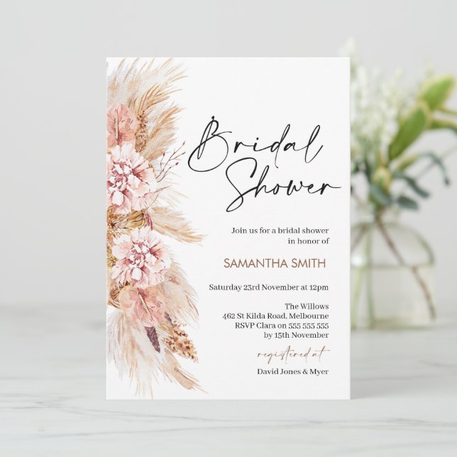 Invitación a ducharse nupcial en Boho Floral Pampa (Anverso de pie)