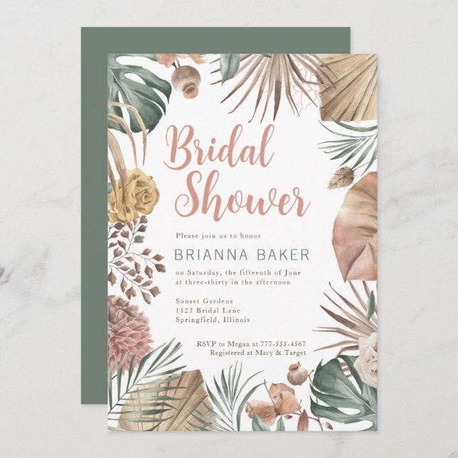 Invitación a ducharse nupcial en Boho Floral Pampa (Anverso / Reverso)
