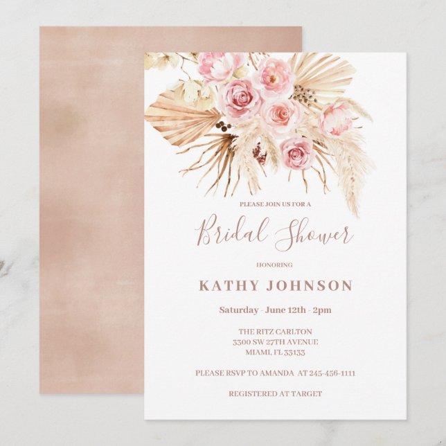 Invitación a ducharse nupcial en Boho Pampas (Anverso / Reverso)