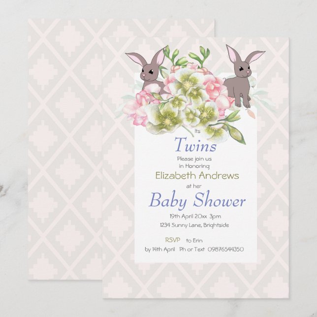 Invitación a duchas de conejo floral gemelo gris y (Anverso / Reverso)