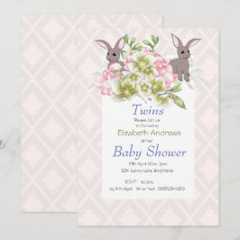 Invitación a duchas de conejo floral gemelo gris y