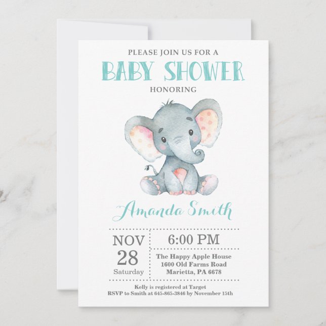 Invitación a elefante Baby Shower Aqua y Grey (Anverso)