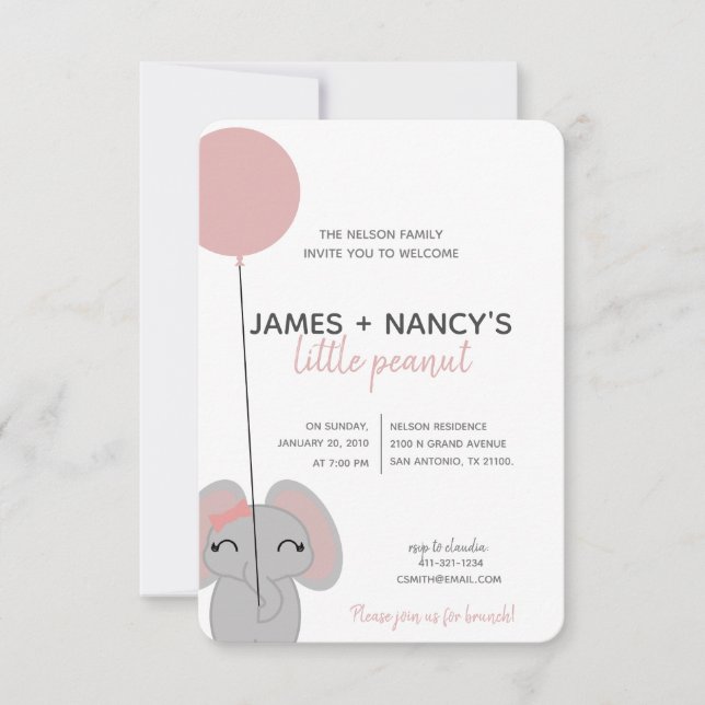 Invitación a elefante BABY SHOWER, chica de cacahu (Anverso)