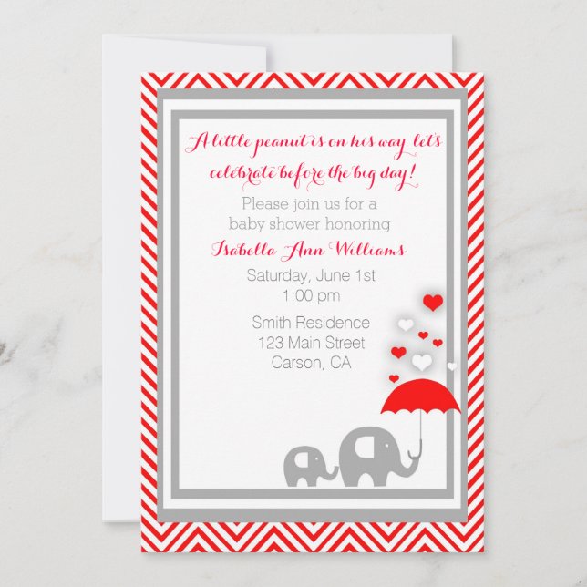 invitación a elefante Baby Shower - Rojo y gris (Anverso)