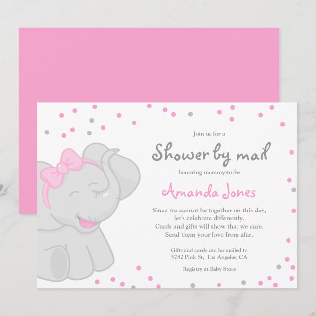 Invitación a 🎀 elefante cute Baby Shower Chica 🐘 (Anverso / Reverso)