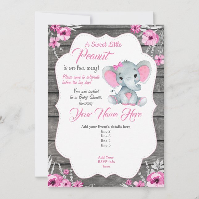 Invitación a Elefante Gris Rosa Editable (Anverso)