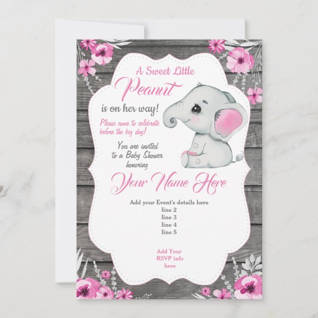 Invitación a elefante gris rosado editable (Anverso)