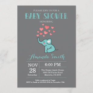 Invitación a elefantes Baby Shower Aqua y Grey Boy