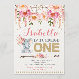 Invitación a elefantes florales Boho de oro rosa C