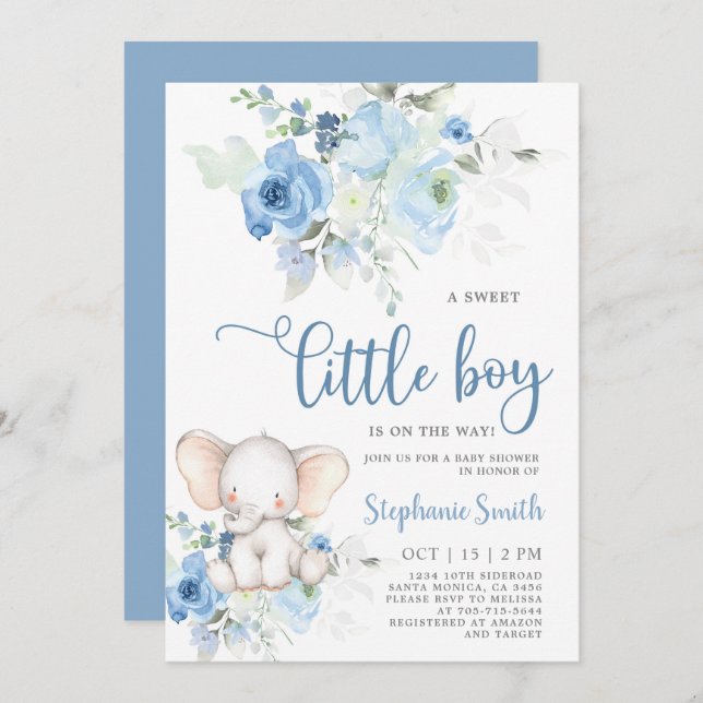 Invitación a Elephant Baby Shower Boy (Anverso / Reverso)