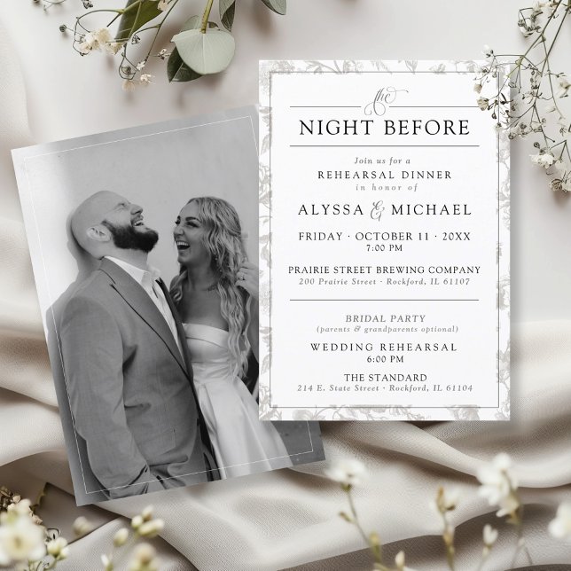 Invitación a ensayo de Boda de fotografía floral v (Minimalist black and white photo vintage floral wedding suite rehearsal dinner invite insert card)
