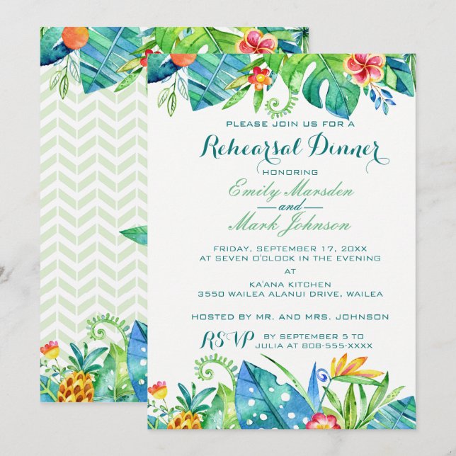 Invitación a ensayo de Boda floral tropical (Anverso / Reverso)