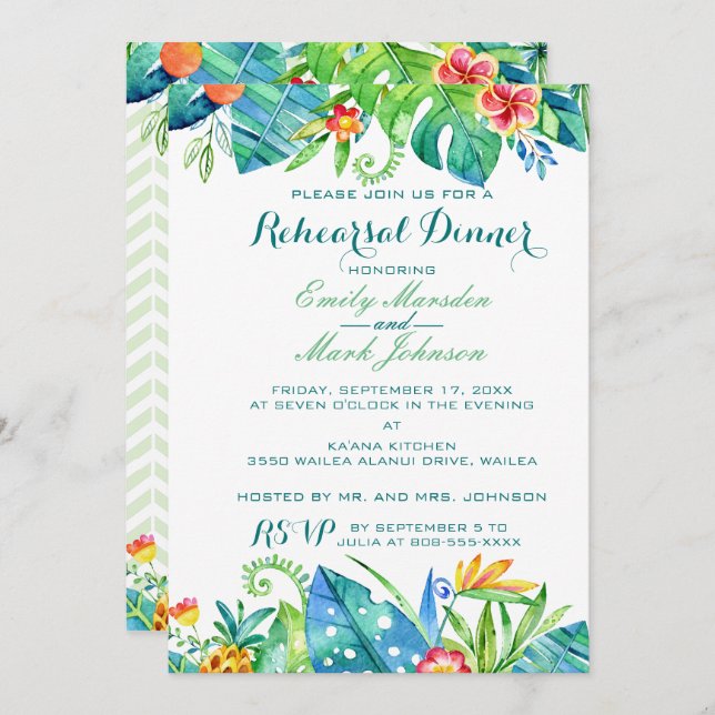 Invitación a ensayo de Boda floral tropical (Anverso / Reverso)