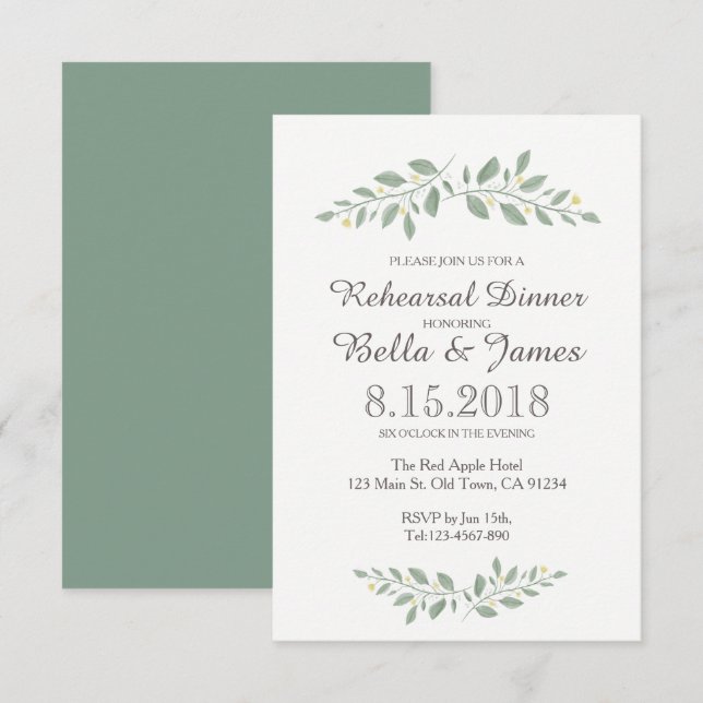 Invitación a ensayo de Boda floral verde (Anverso / Reverso)