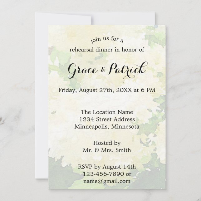 Invitación a ensayo de Bodas de hidráneas blancas (Anverso)