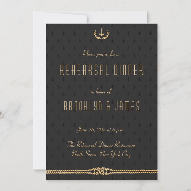 Invitación a ensayo de Bodas Náuticos Negros Y Oro (Anverso)