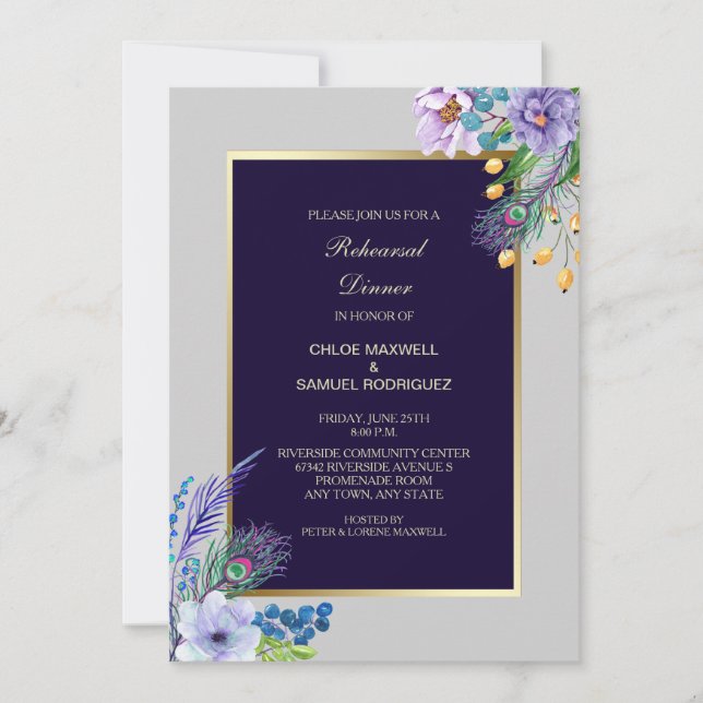 Invitación a ensayo del Boda floral Blue Boho (Anverso)