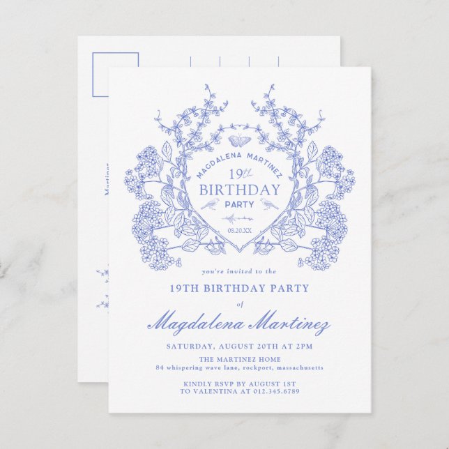 Invitación a Escudo Floral Azul de cumpleaños 19 P (Anverso / Reverso)