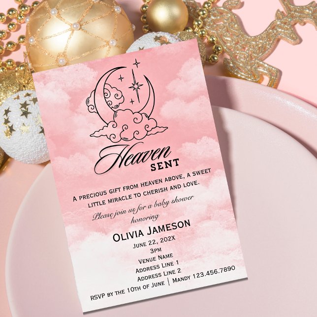 Invitación a estrellas mortales rosas de Baby Show (Heaven Sent Pink Girl Baby Shower Invitation)