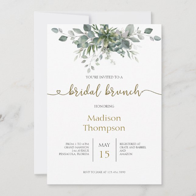 Invitación a Eucalyptus Greenery Bridal Brunch (Anverso)