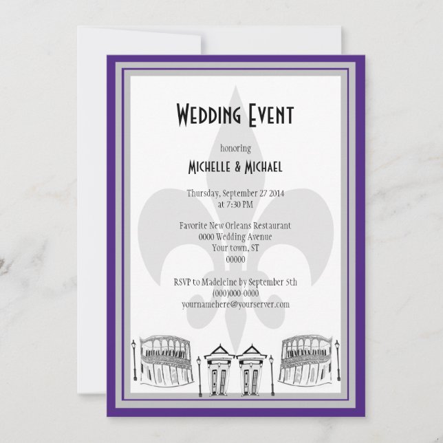 Invitación a evento de Boda de Nueva Orleans (púrp (Anverso)