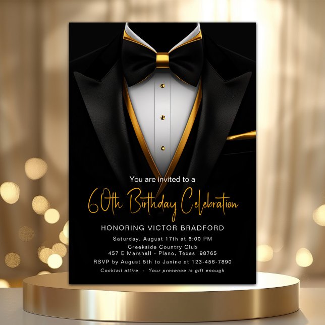 Invitación a evento de esmoquin negro y dorado con (Classy black and gold tuxedo any event and occasion invitation. Simply add your details.)