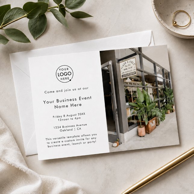 Invitación a evento de negocios | Tarjetas de invi (Custom white business event invitation with logo and photo layout for launches and networking.)