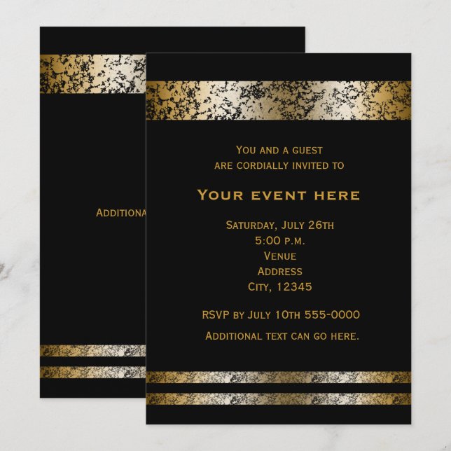 Invitación a evento elegante de Mármol Negro y Oro (Anverso / Reverso)
