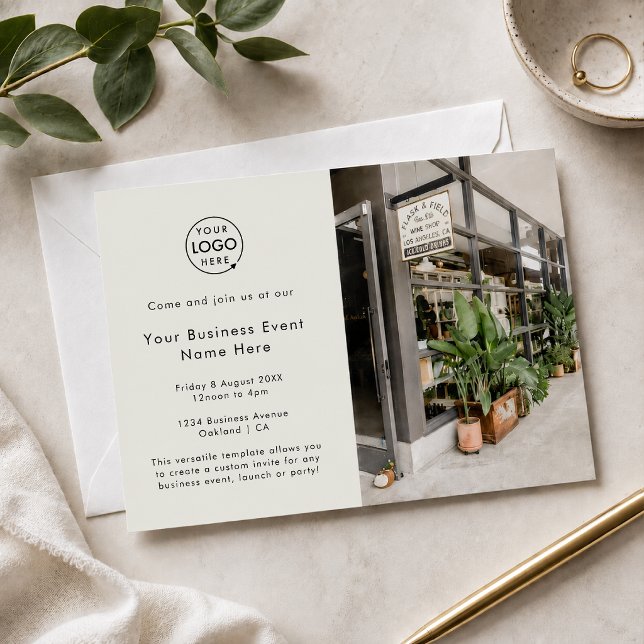 Invitación a Evento Empresarial | Tarjetas de Invi (Gray corporate networking invitation with logo and photo layout for polished business events.)