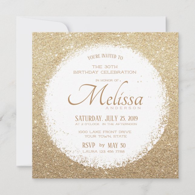 Invitación a Faux Purpurina Gold y White Birthday (Anverso)