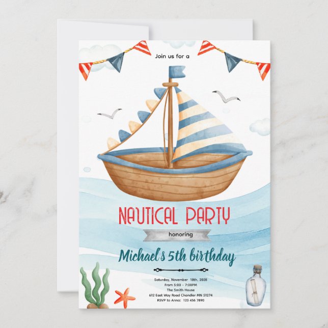 invitación a fiesta con tema de barco náutico (Anverso)