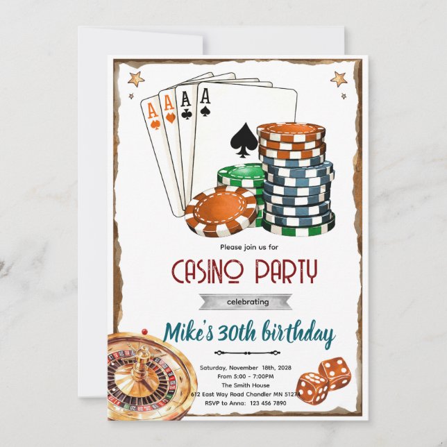 Invitación a fiesta con tema de casino (Anverso)