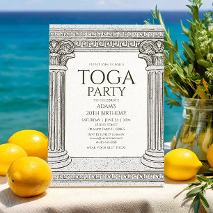 Invitación a fiesta con toga griega con columnas d