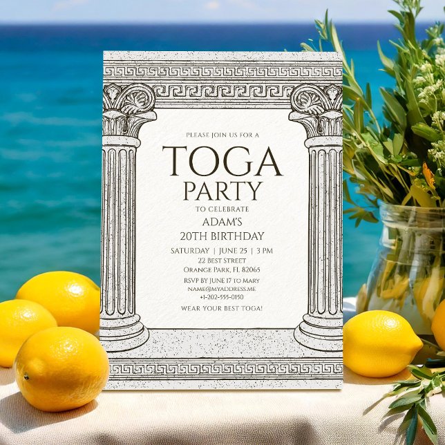 Invitación a fiesta con toga griega con columnas d (Subido por el creador)