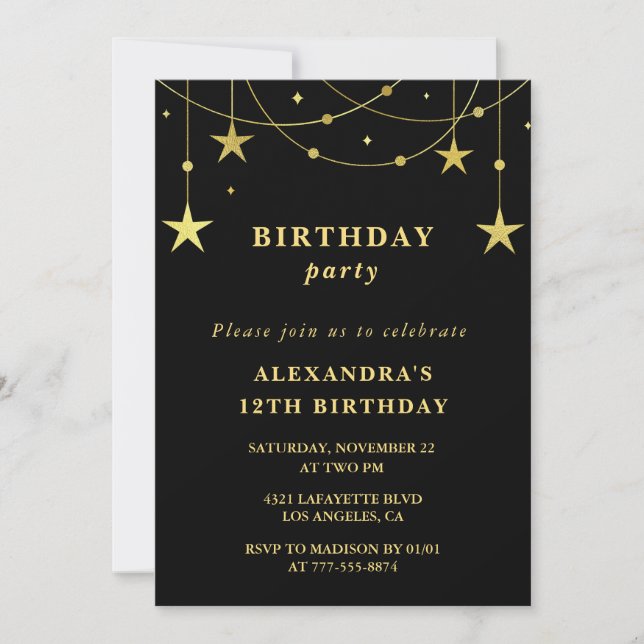 Invitación a fiesta de 12 cumpleaños Chic estrella (Anverso)