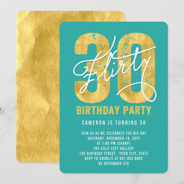 Invitación a Fiesta de 30 cumpleaños Gold Thirty y (Anverso / Reverso)