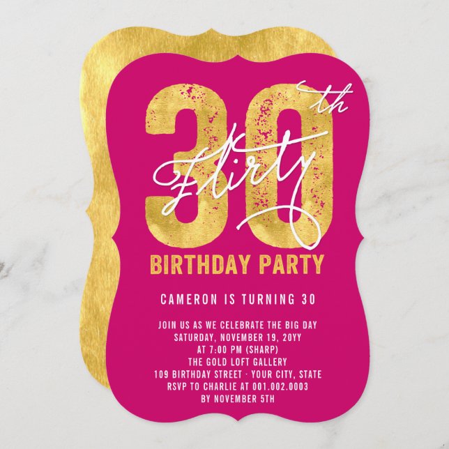 Invitación a Fiesta de 30 cumpleaños Gold Thirty y (Anverso / Reverso)